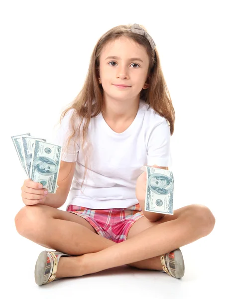 Beautiful little girl with money, isolated on white — Stock Photo, Image