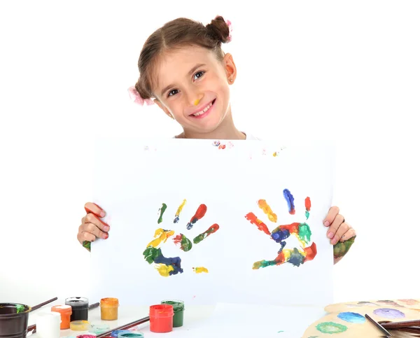 Menina bonito com impressões de mão de cor, isolado em branco — Fotografia de Stock