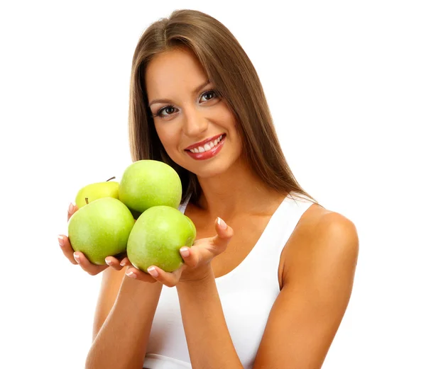 Belle jeune femme aux pommes vertes, isolée sur blanc — Photo