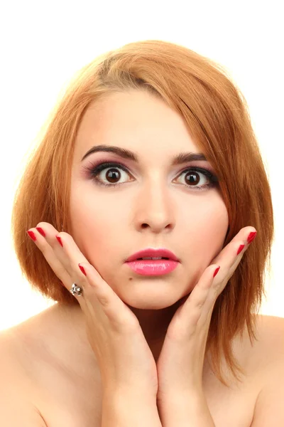 Πορτρέτο της σέξι κοπέλα με αίγλη μακιγιάζ και κόκκινο μανικιούρ — Φωτογραφία Αρχείου