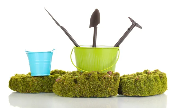 Musgo verde y cubos con herramientas de jardinería aisladas en blanco —  Fotos de Stock