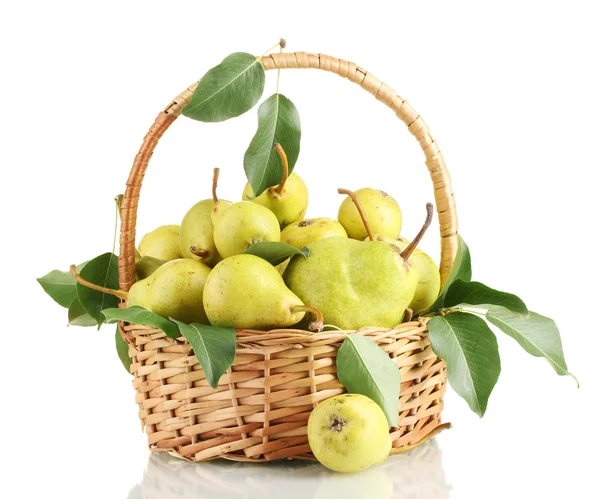 Sappige smaakvolle peren in mand geïsoleerd op wit — Stockfoto