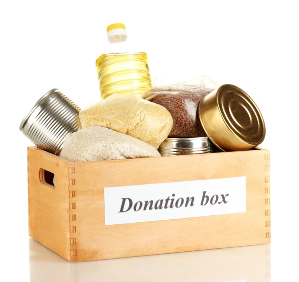 Caixa de doação com alimentos isolados em branco — Fotografia de Stock