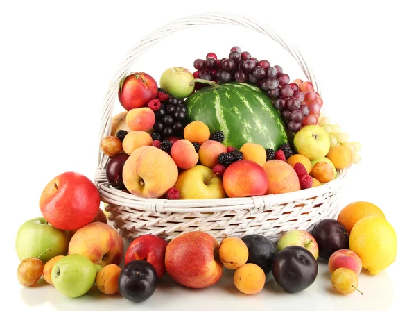 Still life of fruit in basket isolated on white — Stock Photo, Image