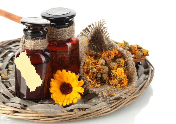 Medicine bottles and calendula, isolated on white — Stock Photo, Image