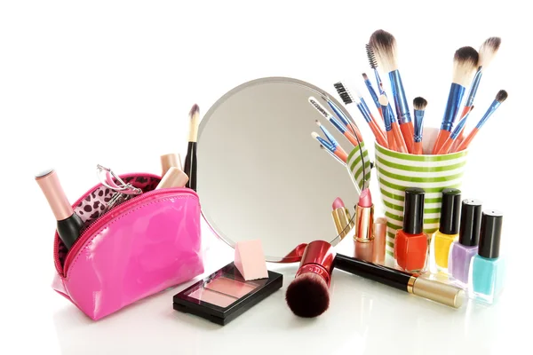 Cosmetics near mirror isolated on white — Stock Photo, Image