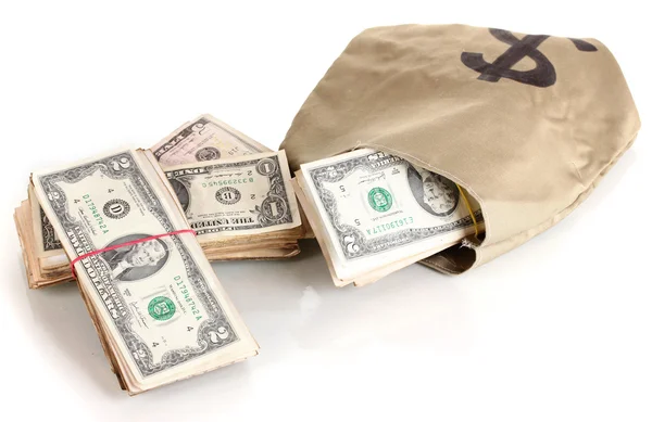 Bag with stacks of dollars isolated on white — Stock Photo, Image