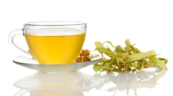 Glass cup of tea with linden isolated on white — Stock Photo, Image