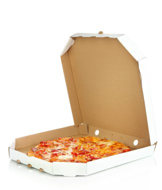 lezzetli pizza kutusu üzerinde beyaz izole