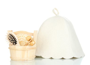 Sauna şapka ve banyo izole üzerinde beyaz set