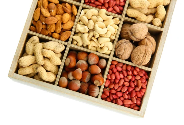 Assortment of tasty nuts in wooden box, isolated on white — Stock Photo, Image