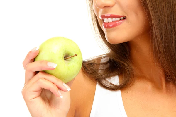 Mooie jonge vrouw met groene apple, geïsoleerd op wit — Stockfoto