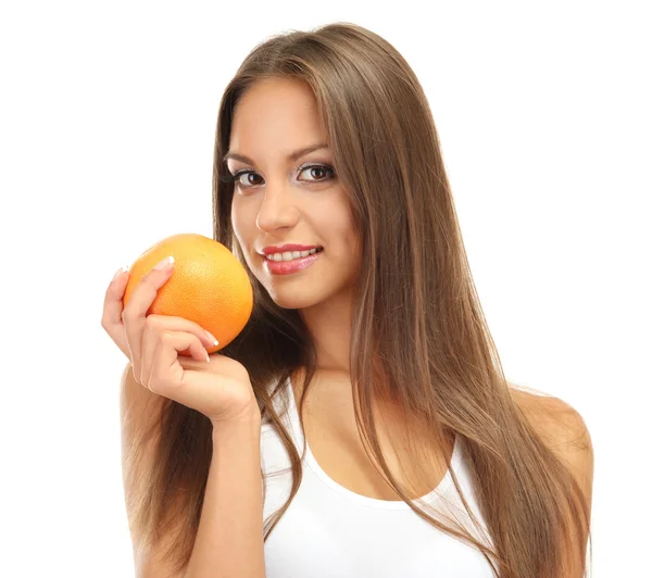 Beautiful young woman with orange, isolated on white — Stock Photo, Image
