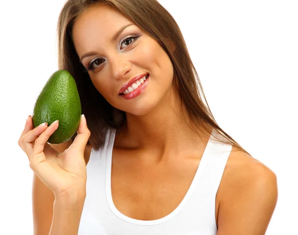 Beautiful young woman with avocado, isolated on white — Stock Photo, Image