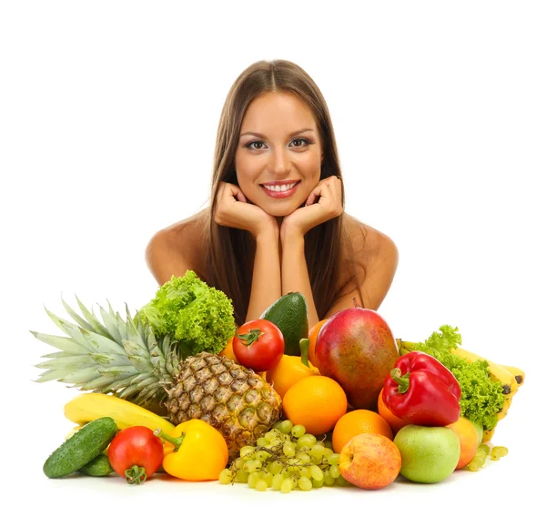 Bella giovane donna con frutta e verdura, isolata su bianco — Foto Stock