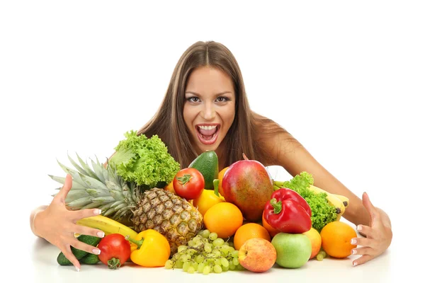 Hermosa joven con frutas y verduras, aislada en blanco — Foto de Stock