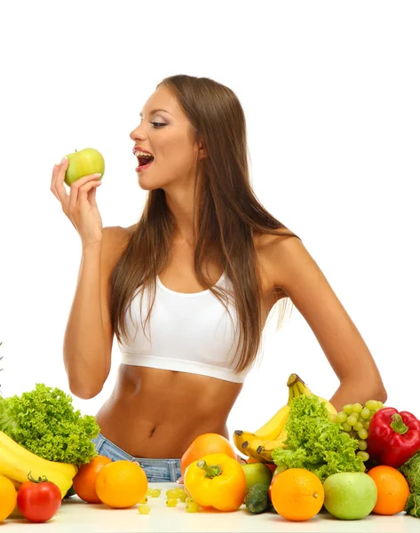 Hermosa joven con frutas y verduras, aislada en blanco — Foto de Stock