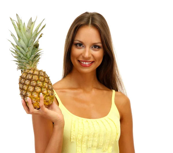 Schöne junge Frau mit Ananas, isoliert auf weiß — Stockfoto