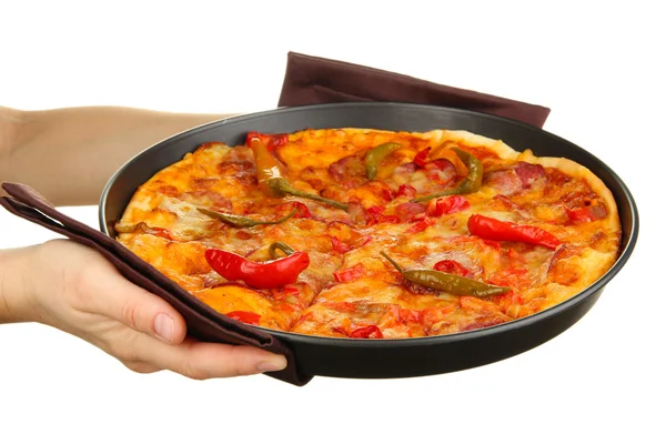 Hands holding pepperoni pizza in pan isolated on white — Stock Photo, Image