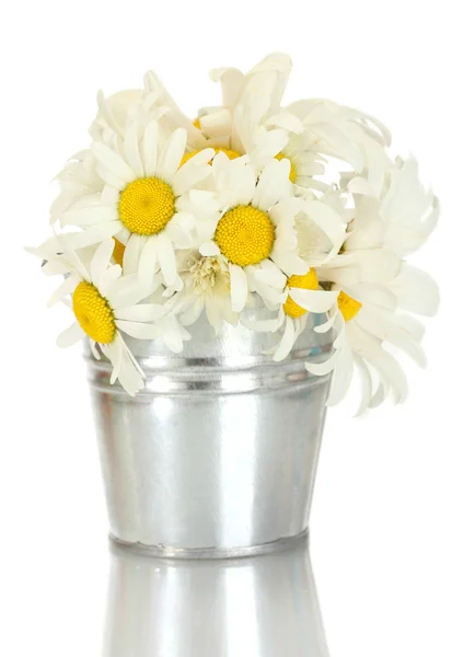Beautiful bouquet of daisy wildflowers in blue metal bucket, on wooden tabl — Stock Photo, Image