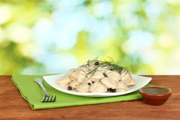 Deliciosas albóndigas cocidas en el plato sobre fondo verde brillante — Foto de Stock