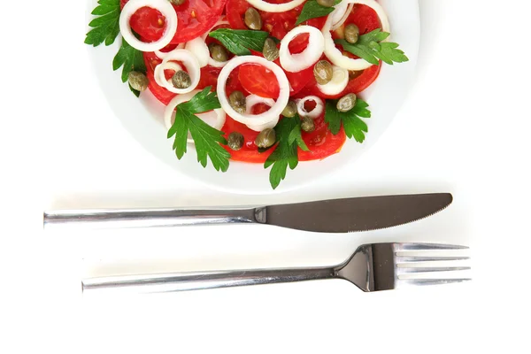 Beyaz arka plan yakın çekim üzerinde plaka Kapari salatası — Stok fotoğraf
