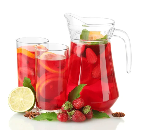 Sangria in jar and glasses with fruits, isolated on white — Stock Photo, Image