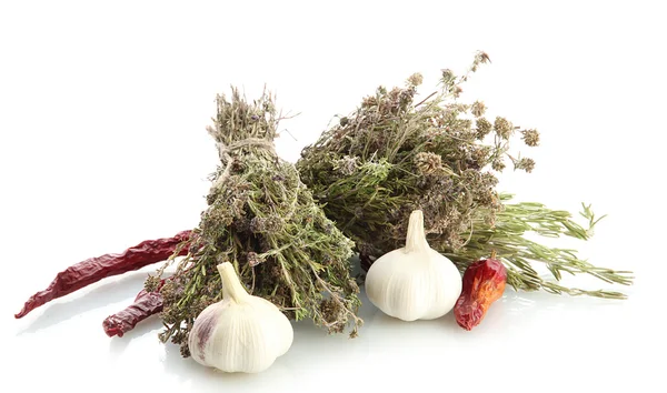 Getrocknete Kräuter im Mörser und Gemüse, isoliert auf weiß — Stockfoto