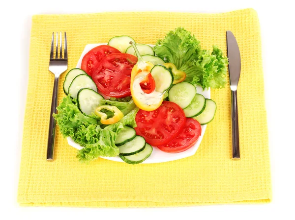 Ψιλοκομμένο λαχανικά και σάλτσα στο πιάτο που απομονώνονται σε λευκό — Φωτογραφία Αρχείου