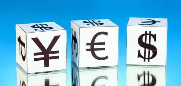 Forex. currency in the white dices on blue background — Stock Photo, Image