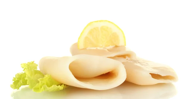 Boiled squids with lettuce and lemon isolated on white — Stock Photo, Image