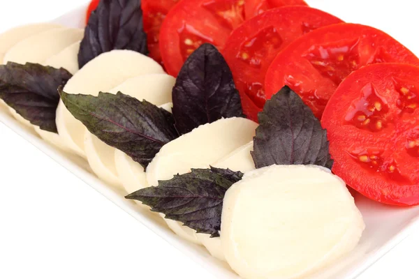 Tasty mozzarella with tomatoes on plate close-up — Stock Photo, Image