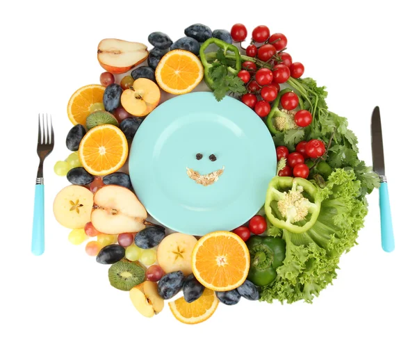 Blue plate surrounded by wholesome food diet isolated on white — Stock Photo, Image