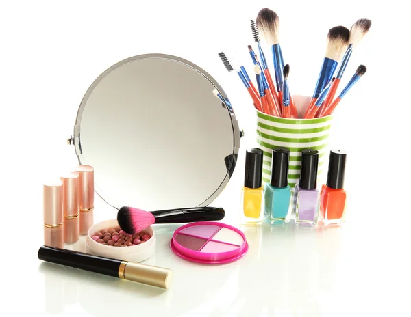 Cosmetics near mirror isolated on white — Stock Photo, Image