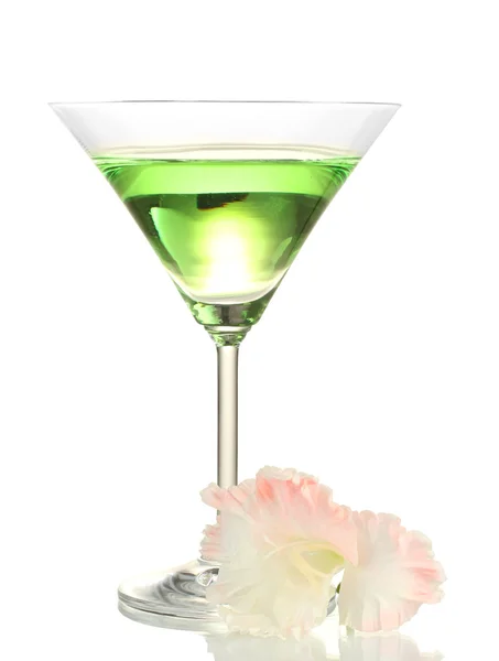 Glass with cocktail and gladiolus bud isolated on white — Stock Photo, Image