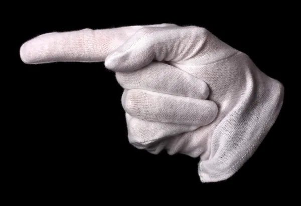 Hand in white glove making sign isolated on black — Stock Photo, Image