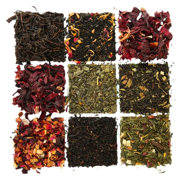 Assortment of dry tea, isolated on white — Stock Photo, Image