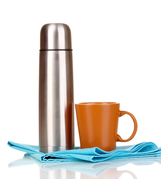 Metalen thermos met kop geïsoleerd op wit — Stockfoto