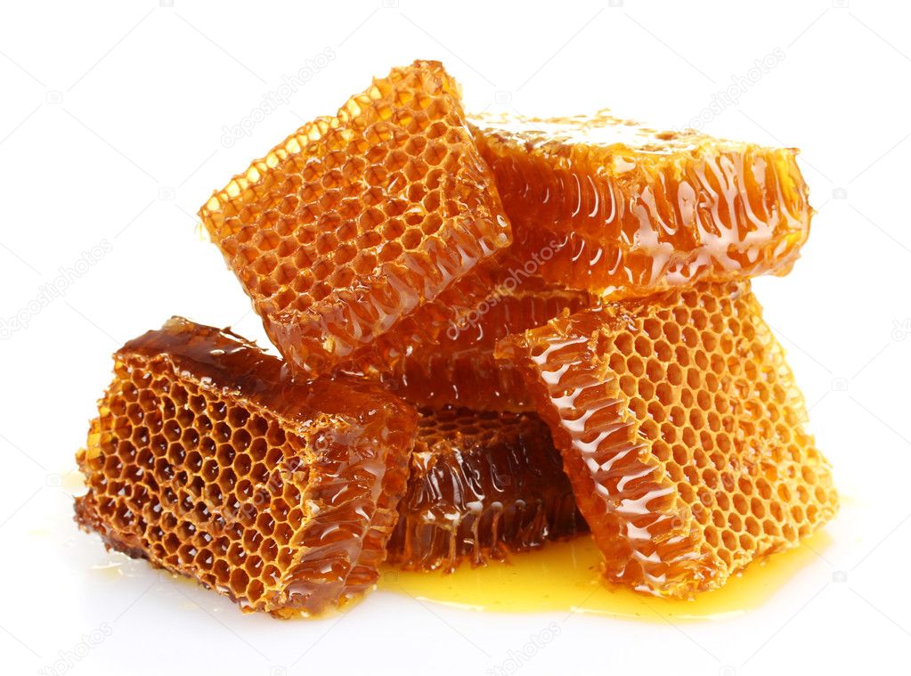 sweet honeycombs with honey, isolated on white