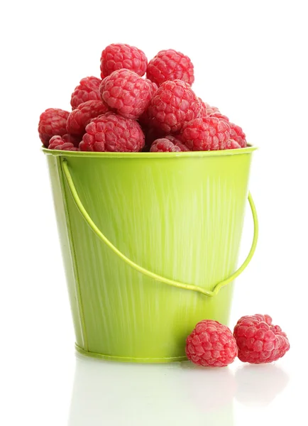 Reife Himbeeren im Eimer, isoliert auf weiß — Stockfoto