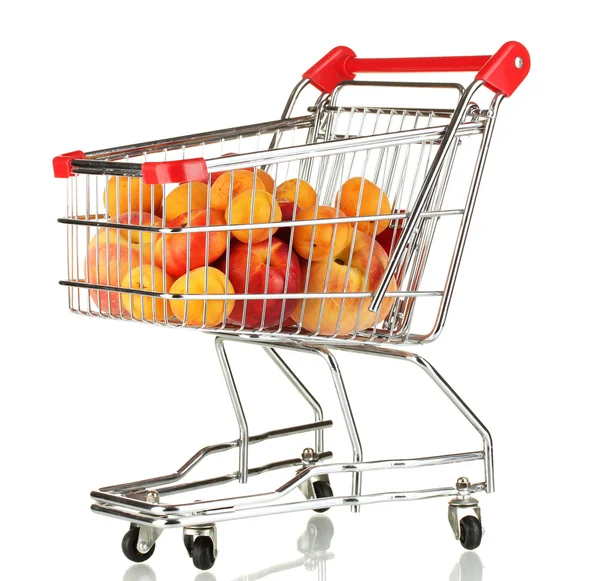 Fruits mûrs dans un chariot métallique isolé sur blanc — Photo