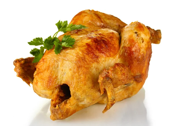 Whole roasted chicken with parsley isolated on white — Stock Photo, Image