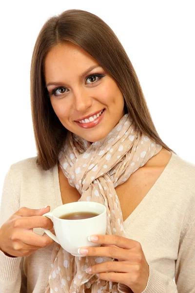 Mooie jonge vrouw met kop koffie, geïsoleerd op wit — Stockfoto