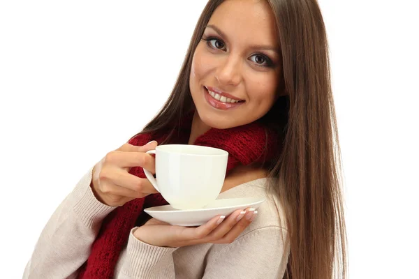 Piękna młoda kobieta z filiżanką kawy, na białym tle — Zdjęcie stockowe