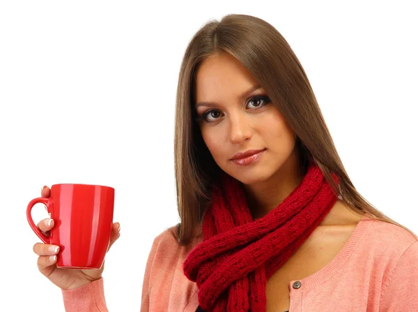 白で隔離され、お茶のカップを持つ美しい若い女性 — ストック写真
