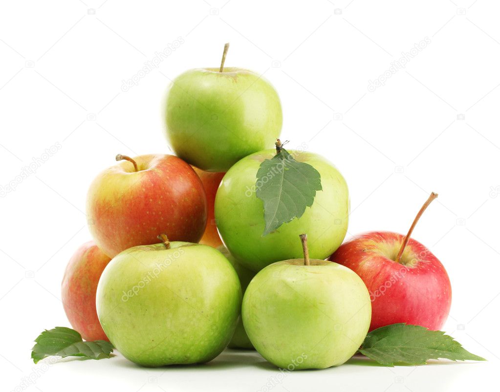 sweet apples with leaves, isolated on white