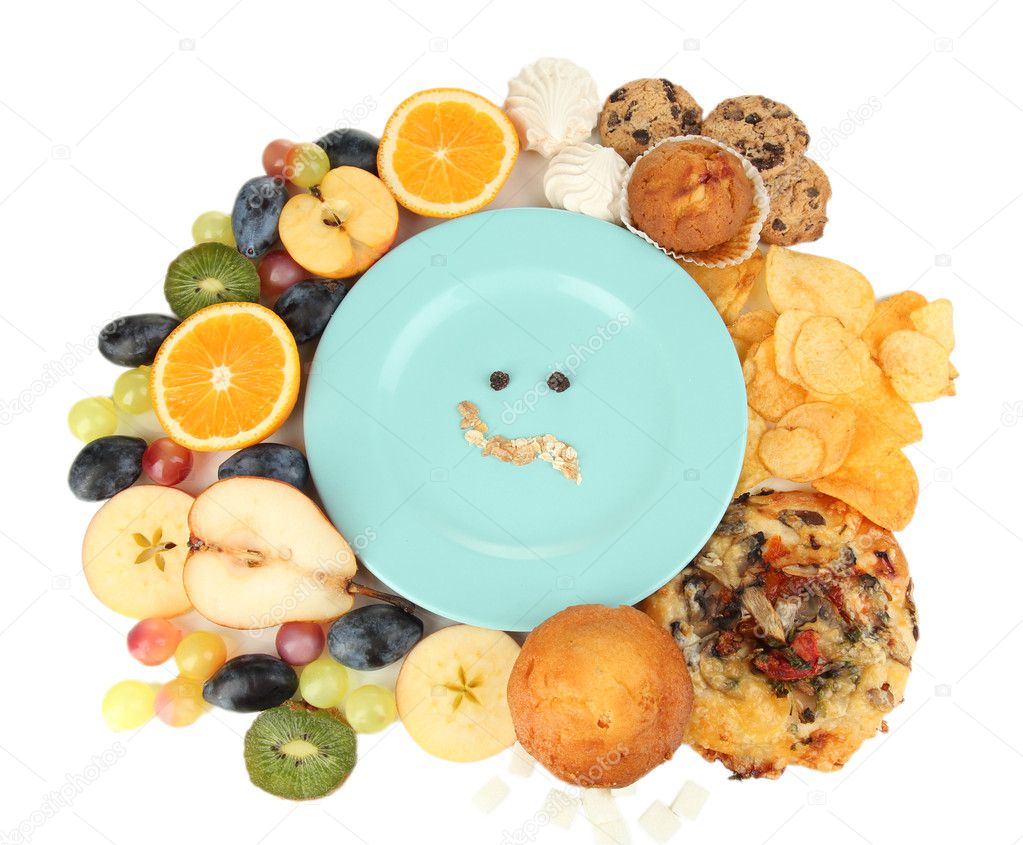 Blue plate surrounded by useful and harmful food isolated on white