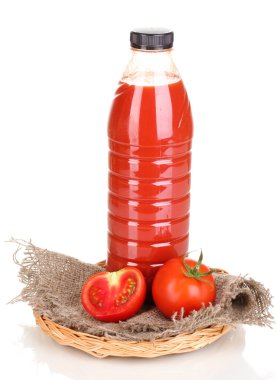 domates suyu şişesi üzerinde beyaz izole çul üzerinde