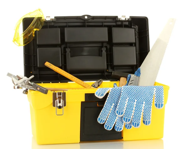 Boîte à outils ouverte jaune avec outils isolés sur fond blanc — Photo