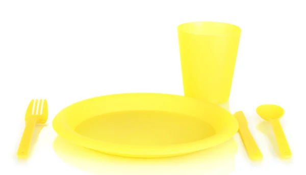 Ljusa plast disponibel bordsartiklar isolerad på vit bakgrund — Stockfoto